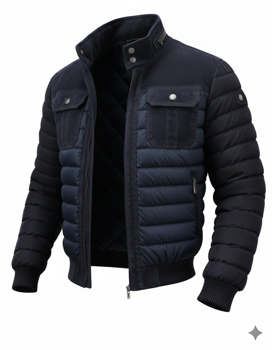 Lorenzo Riva Milano™ | Giacca Puffer Doppiopetto in Denim con Inserti in Camurça